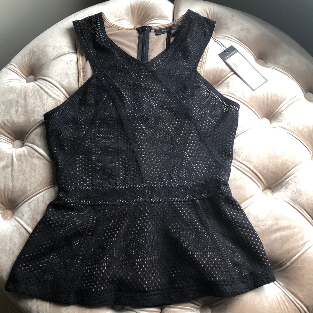BCBG MaxAzria “Hanne” Black lace peplum top.